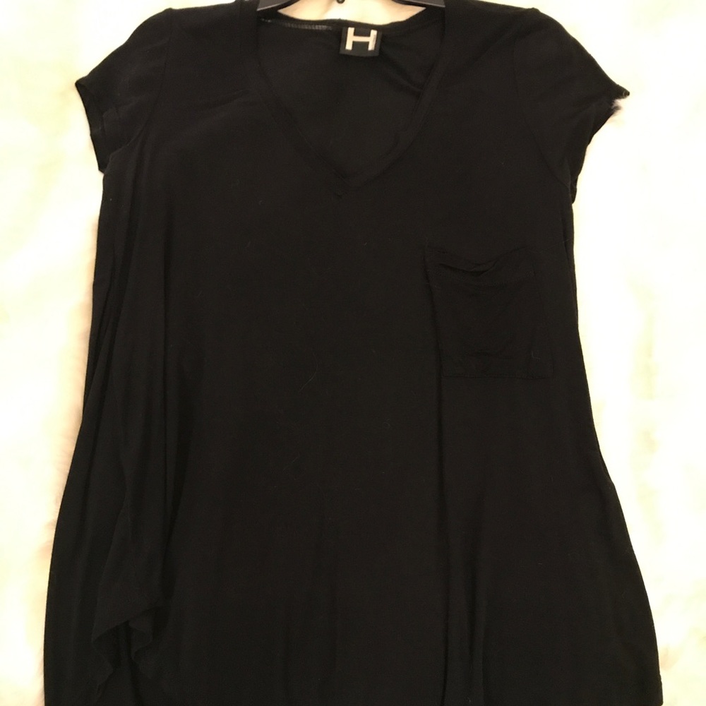 H by Bordeaux black v neck top with pocket NWOT